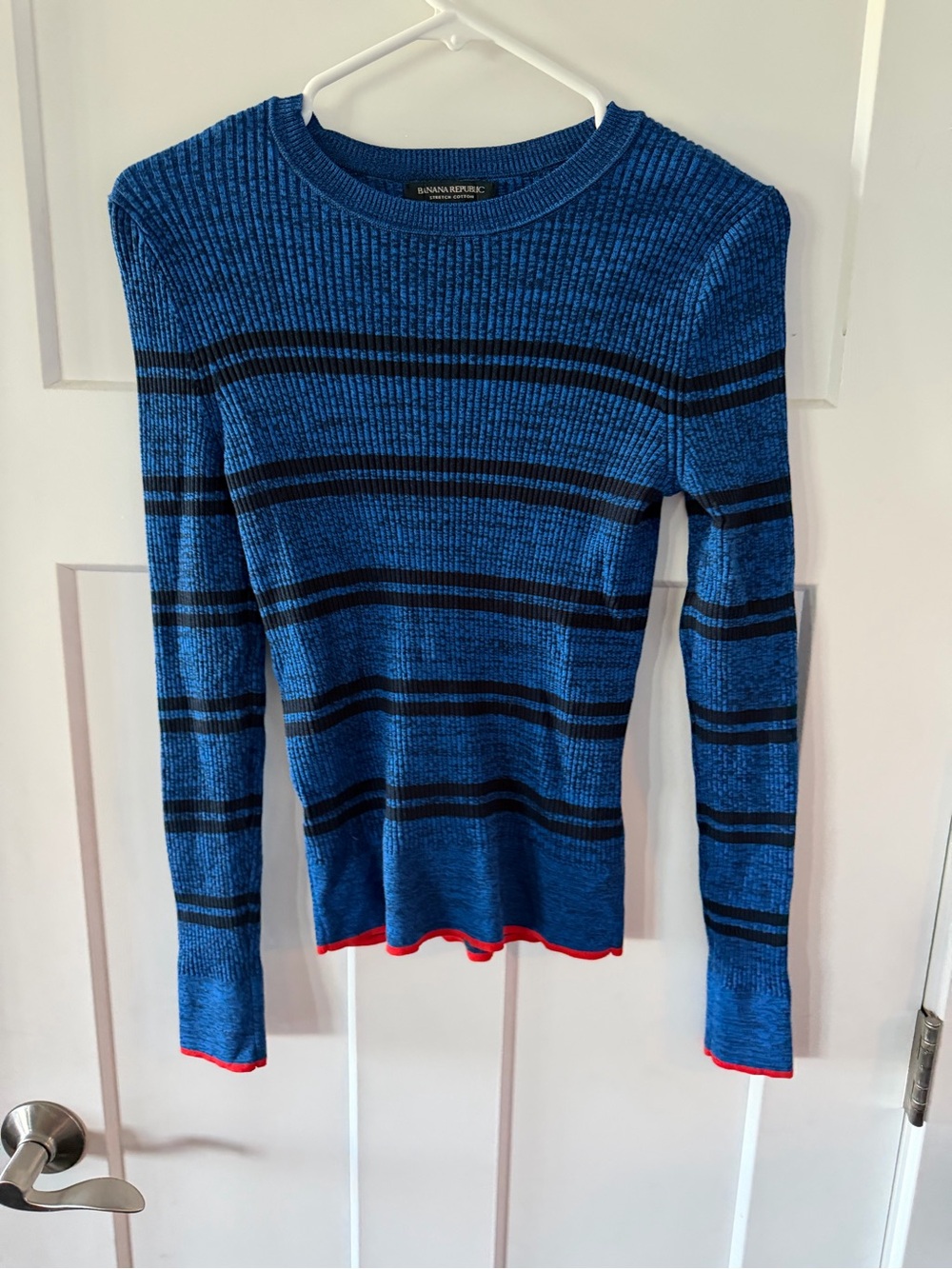 Banana Republic Blue Ribbed Crewneck Sweater with Black Stripes and Red Trim